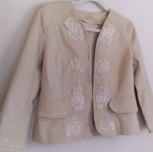 Kikit Jeans Women's Denim Blazer Jacket Beige Cropped ‎ Floral Embroidery Small